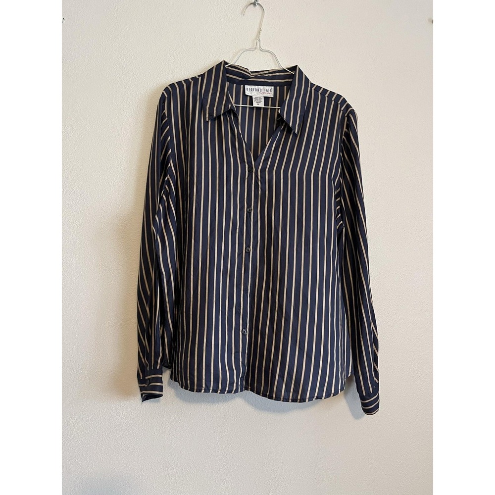 Womens XL Blue Striped Silk Button Front Long Sleeve Top